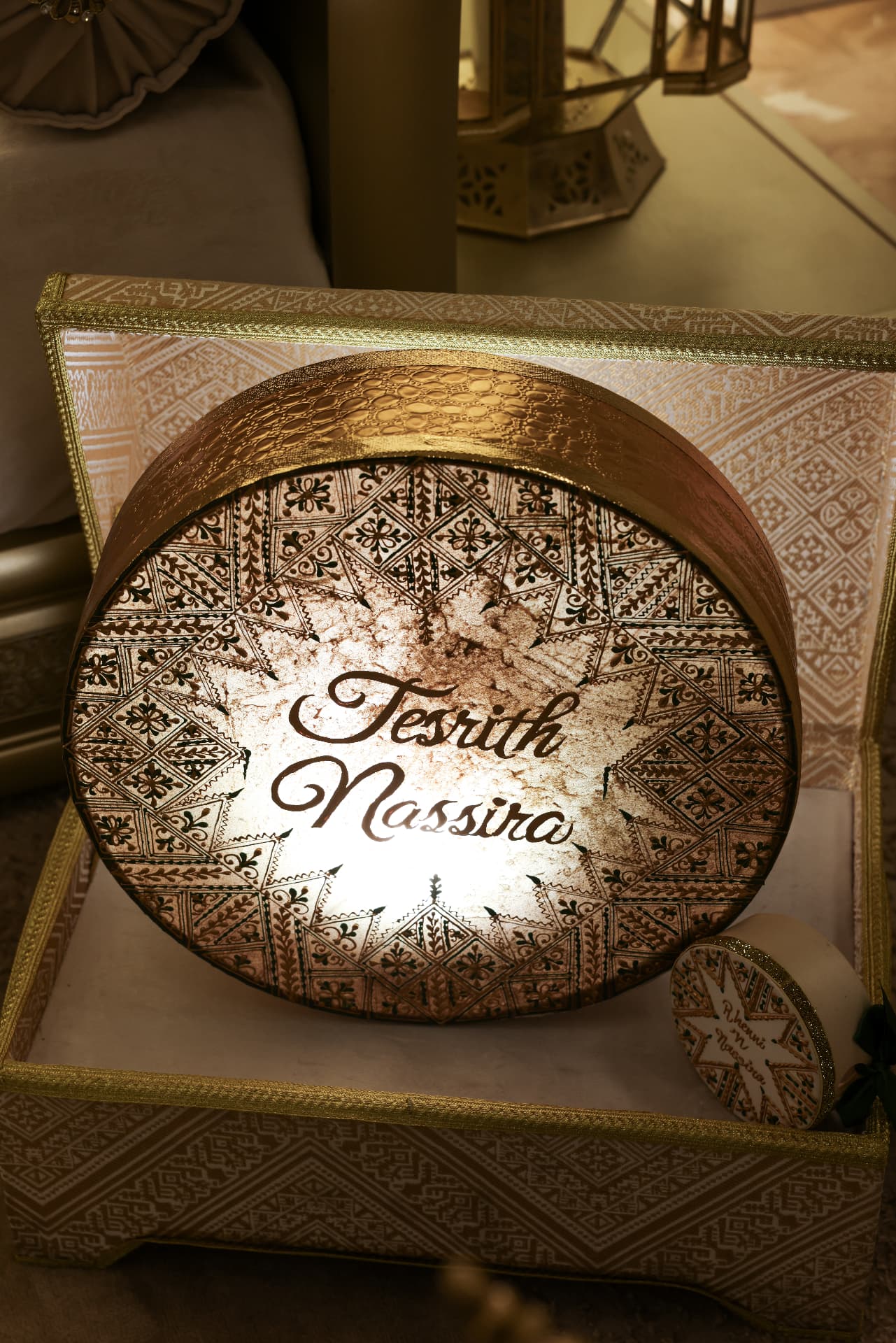 Engraved golden wedding keepsake in a decorative box